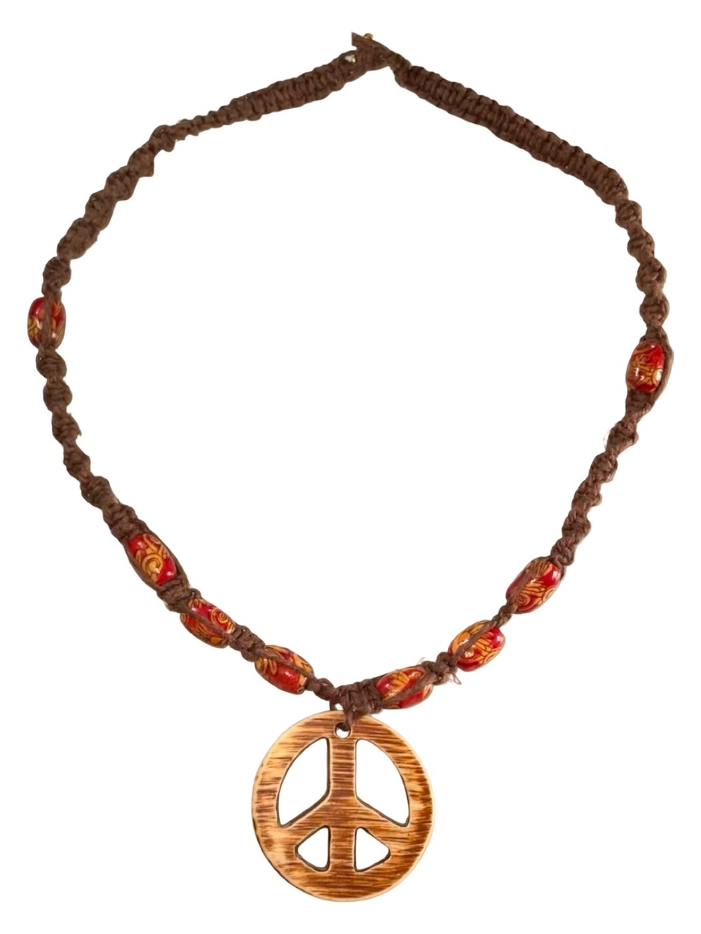 Handmade Intricate Brown Hemp Cord Necklace With Natural Wood Peace Sign Pendant